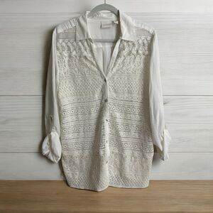 Chico’s Adelaide Crochet Button-Down Blouse 3 Ecru Lace Feminine Women's XL‎